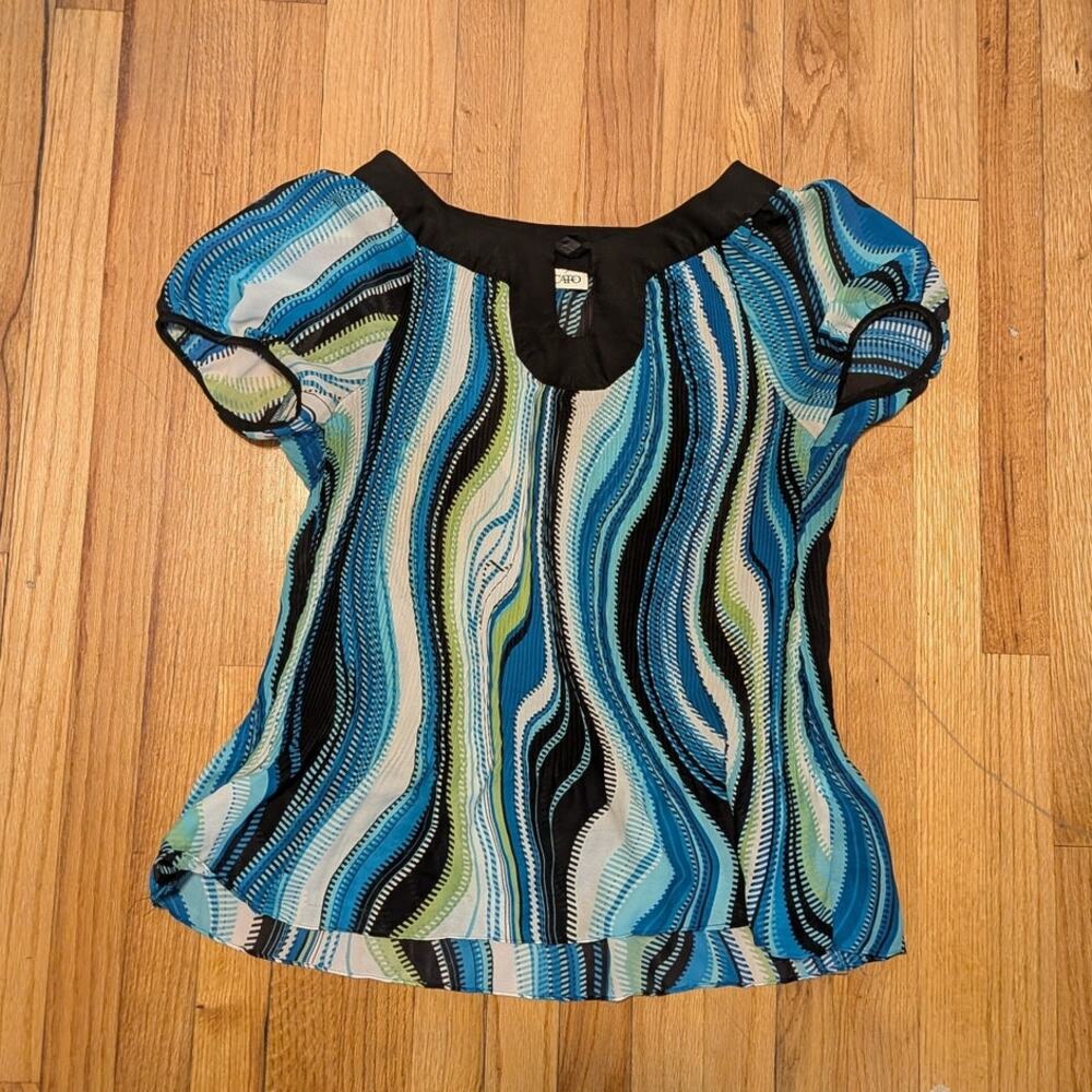 Cato Early 2000s Abstract Blue, Green, Black Swirl Flare Top With Puffy Sleeves